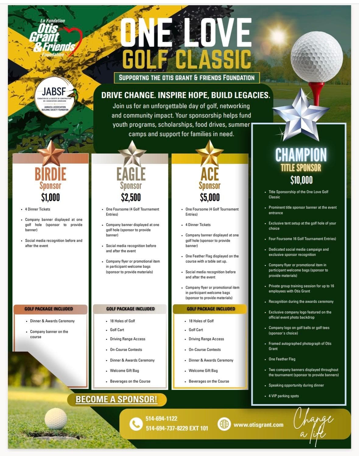 One Love Golf Classic sponsorship flyer for the Jamaica Association Building Society Foundation and Otis Grant & Friends Foundation
